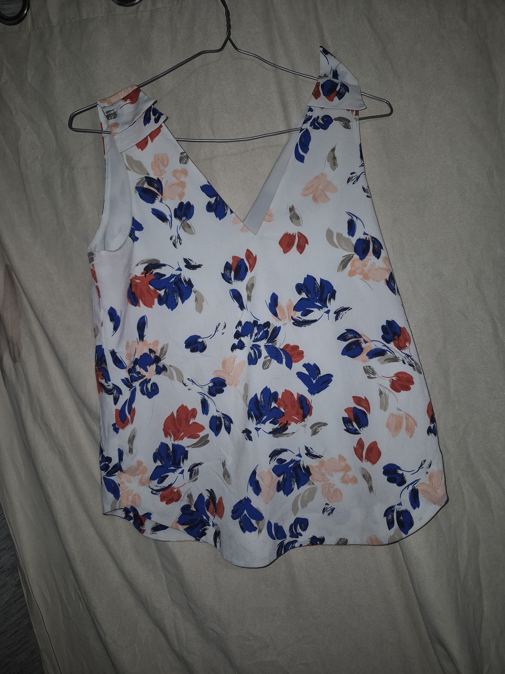 Banana Republic White Floral V-Neck Sleeveless Camisole with Blue & Coral Print